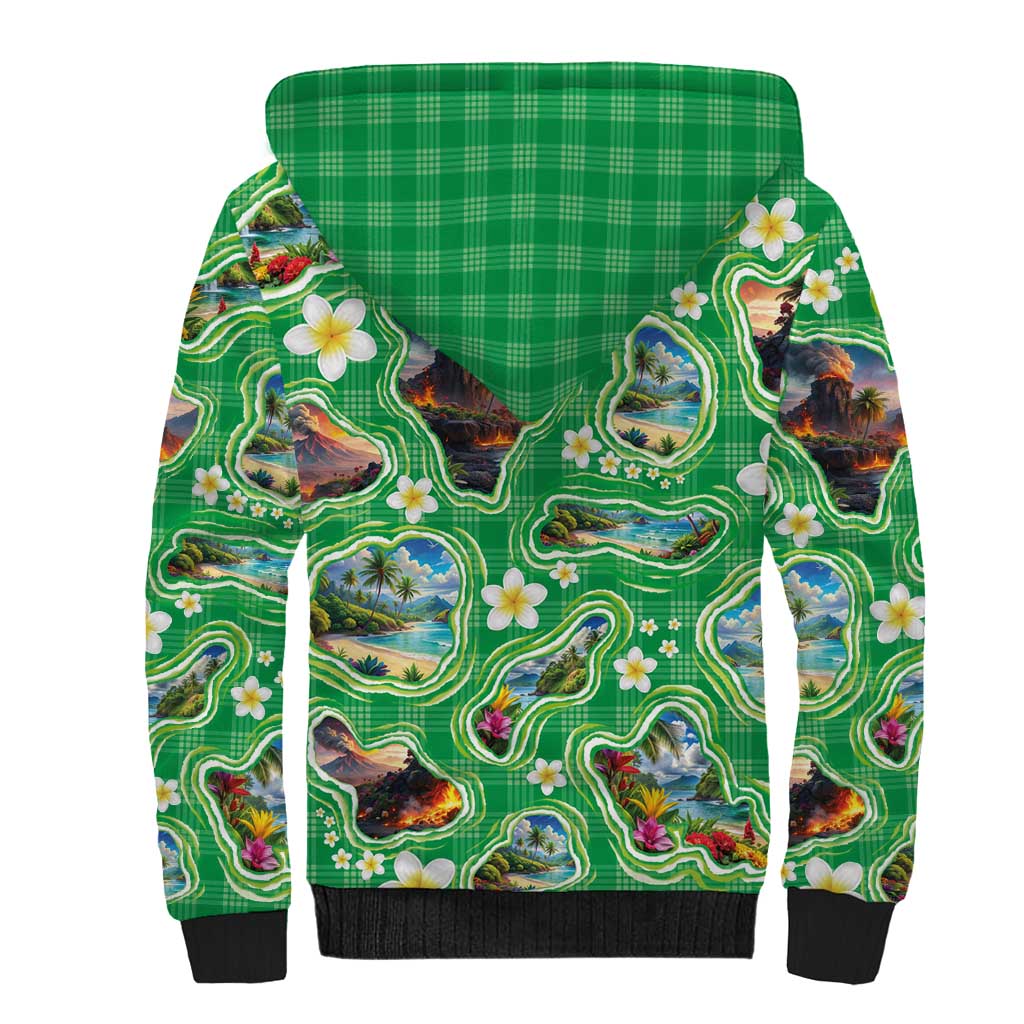 Hawaii Map with Plumeria Flower and Palaka Pattern Sherpa Hoodie Tropical Island Green Design