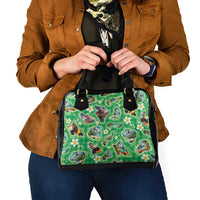 Hawaii Map with Plumeria Flower and Palaka Pattern Shoulder Handbag Tropical Island Green Design