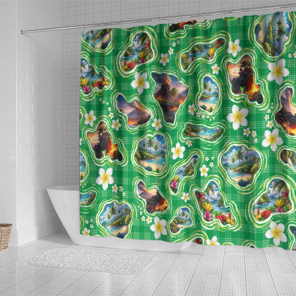 Hawaii Map with Plumeria Flower and Palaka Pattern Shower Curtain Tropical Island Green Design