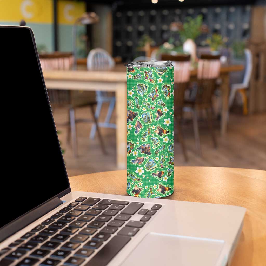 Hawaii Map with Plumeria Flower and Palaka Pattern Skinny Tumbler Tropical Island Green Design LT03 - Polynesian Pride