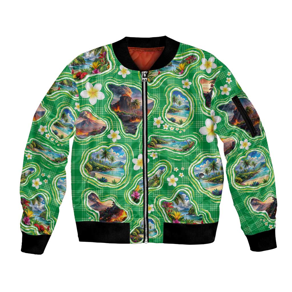 Hawaii Map with Plumeria Flower and Palaka Pattern Sleeve Zip Bomber Jacket Tropical Island Green Design