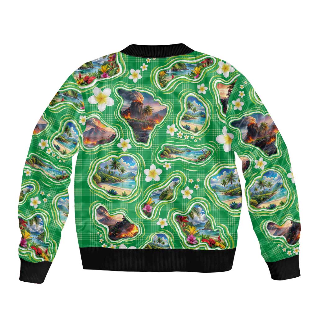 Hawaii Map with Plumeria Flower and Palaka Pattern Sleeve Zip Bomber Jacket Tropical Island Green Design