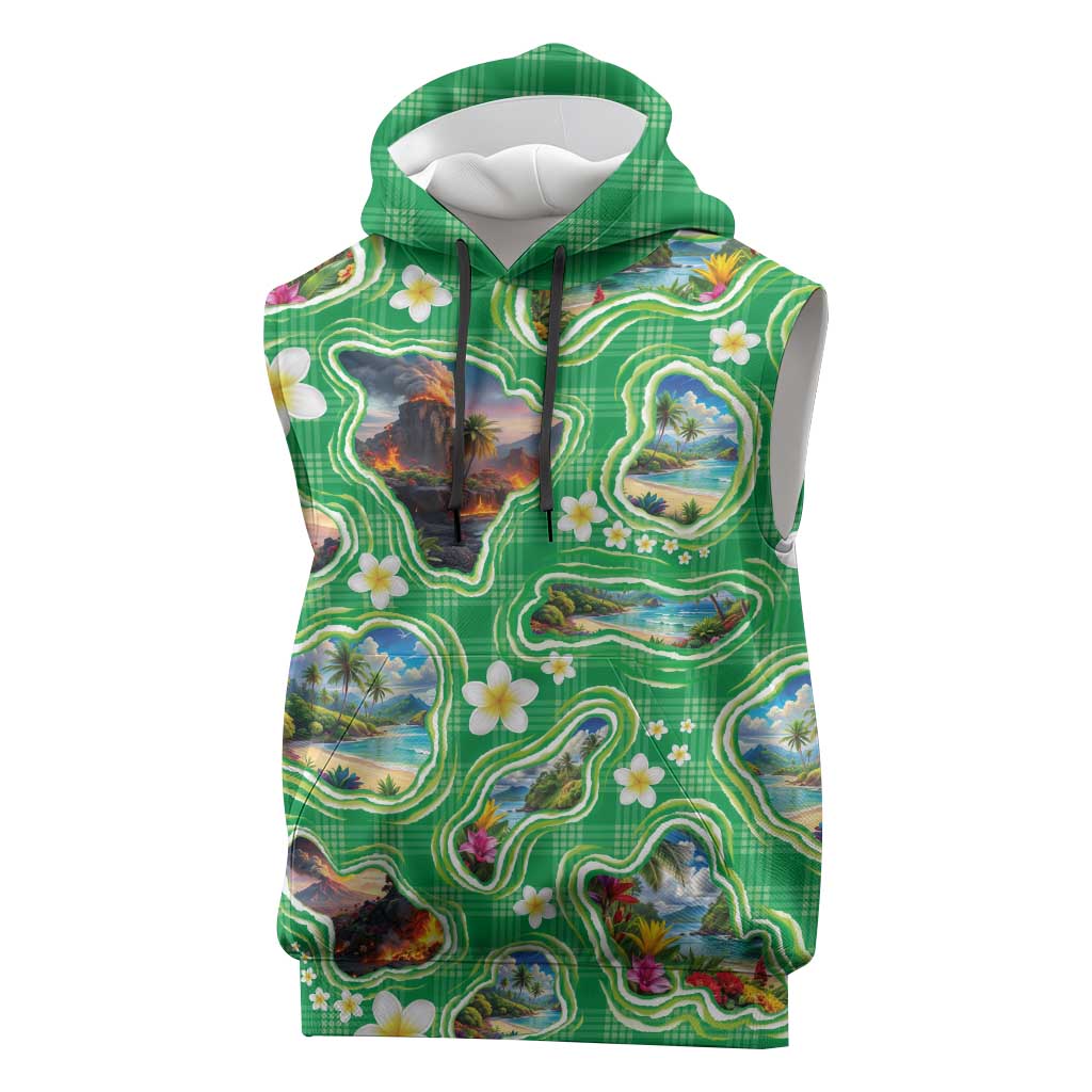 Hawaii Map with Plumeria Flower and Palaka Pattern Sleeveless Hoodie Tropical Island Green Design