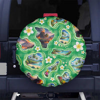 Hawaii Map with Plumeria Flower and Palaka Pattern Spare Tire Cover Tropical Island Green Design