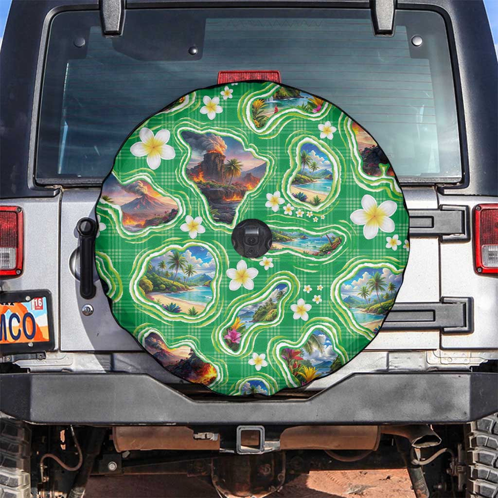 Hawaii Map with Plumeria Flower and Palaka Pattern Spare Tire Cover Tropical Island Green Design