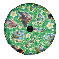Hawaii Map with Plumeria Flower and Palaka Pattern Spare Tire Cover Tropical Island Green Design