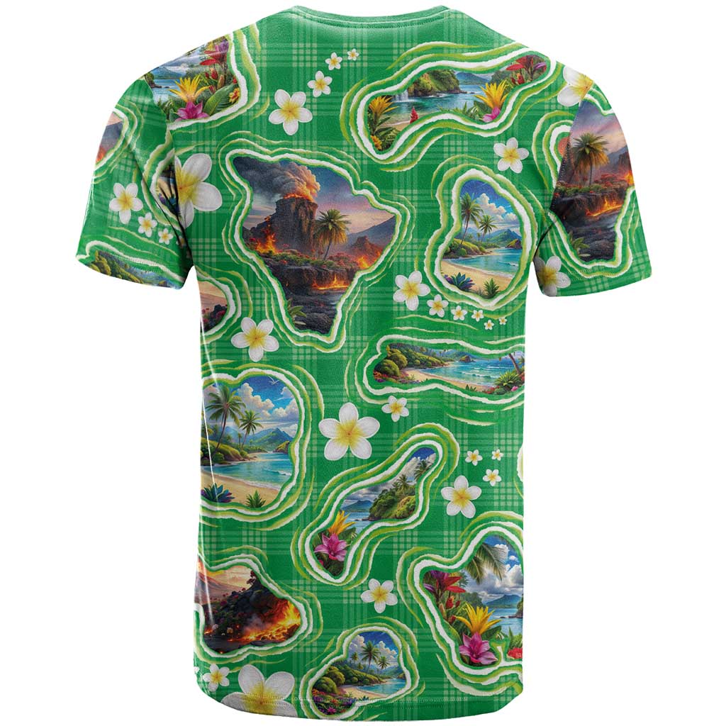 Hawaii Map with Plumeria Flower and Palaka Pattern T Shirt Tropical Island Green Design
