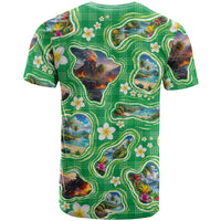 Hawaii Map with Plumeria Flower and Palaka Pattern T Shirt Tropical Island Green Design