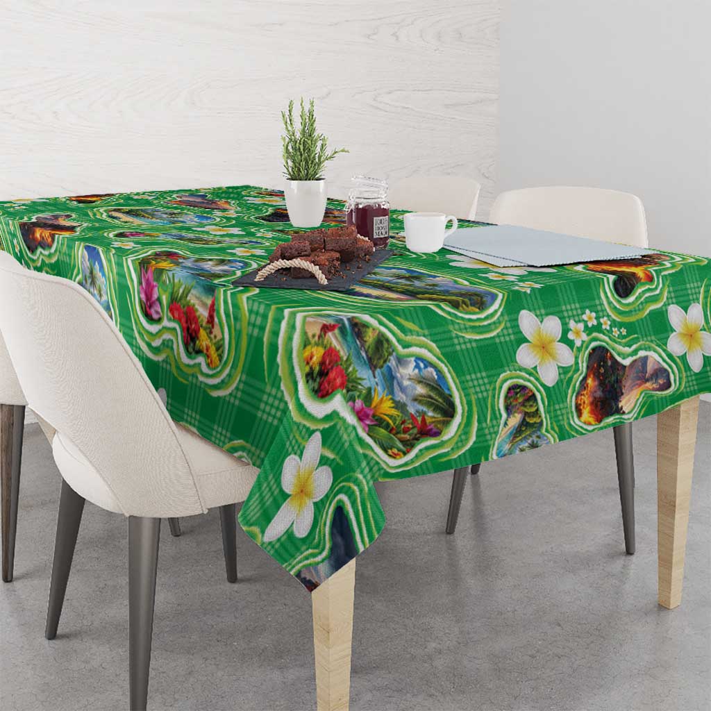 Hawaii Map with Plumeria Flower and Palaka Pattern Tablecloth Tropical Island Green Design