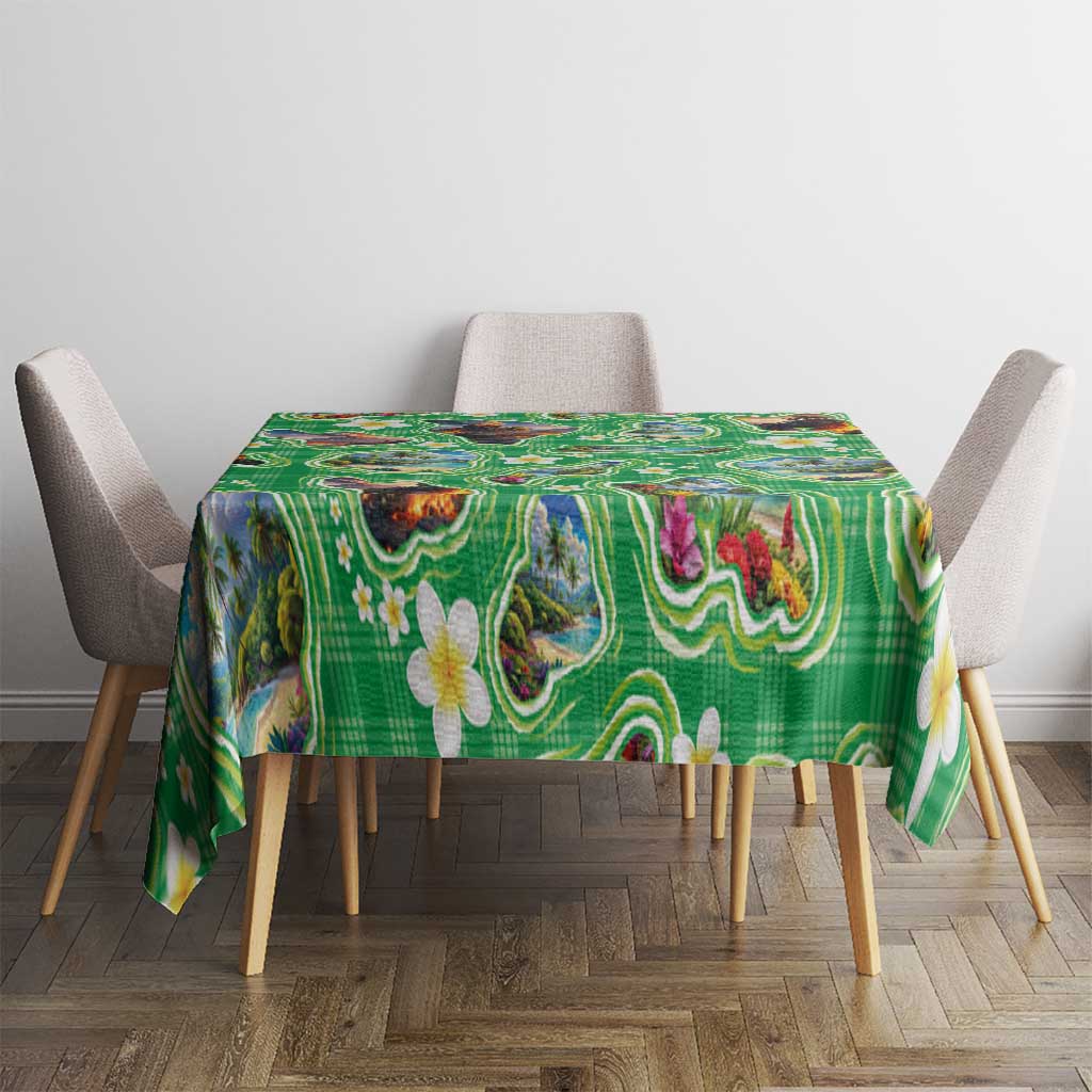 Hawaii Map with Plumeria Flower and Palaka Pattern Tablecloth Tropical Island Green Design