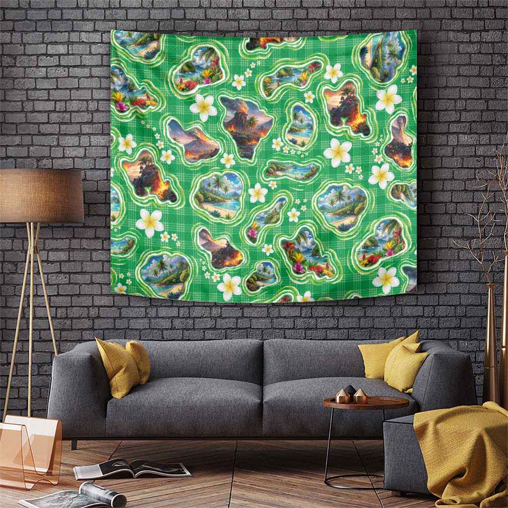 Hawaii Map with Plumeria Flower and Palaka Pattern Tapestry Tropical Island Green Design