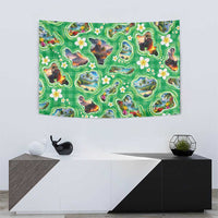 Hawaii Map with Plumeria Flower and Palaka Pattern Tapestry Tropical Island Green Design