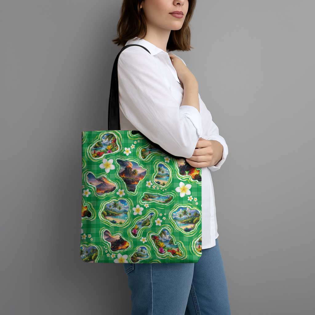 Hawaii Map with Plumeria Flower and Palaka Pattern Tote Bag Tropical Island Green Design