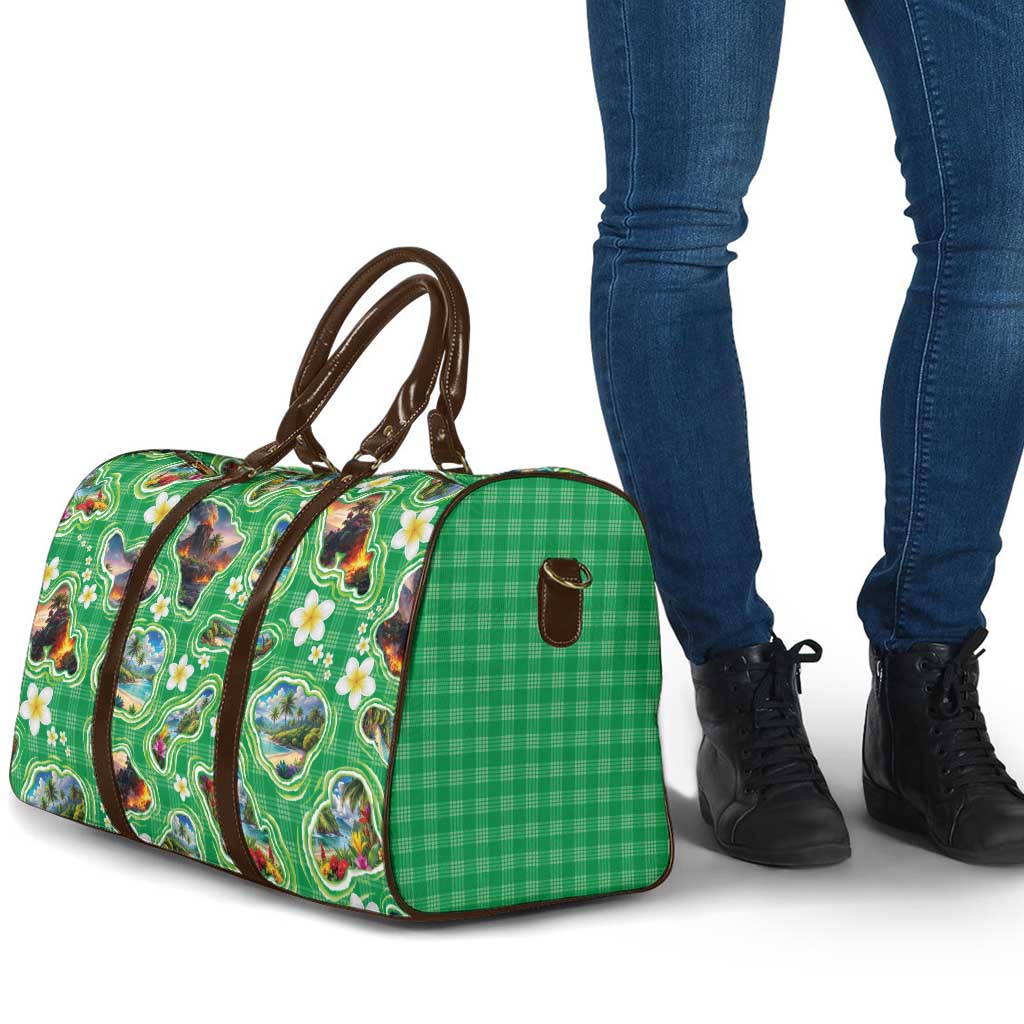 Hawaii Map with Plumeria Flower and Palaka Pattern Travel Bag Tropical Island Green Design