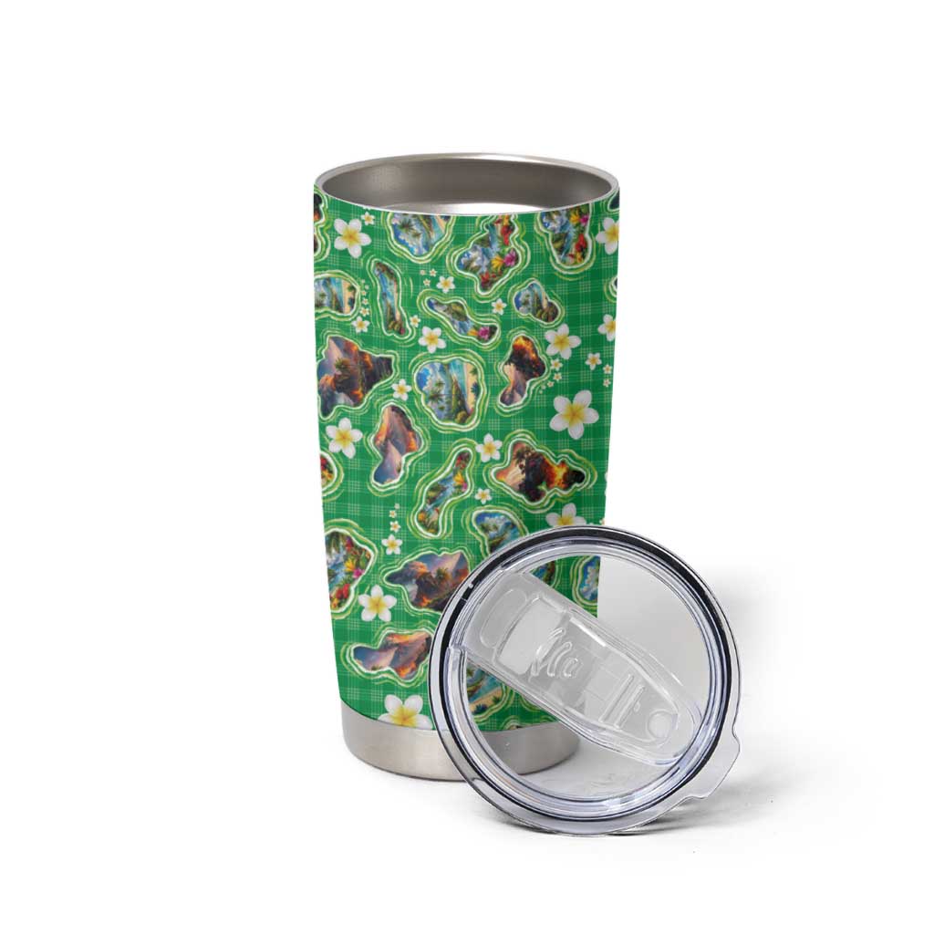 Hawaii Map with Plumeria Flower and Palaka Pattern Tumbler Cup Tropical Island Green Design