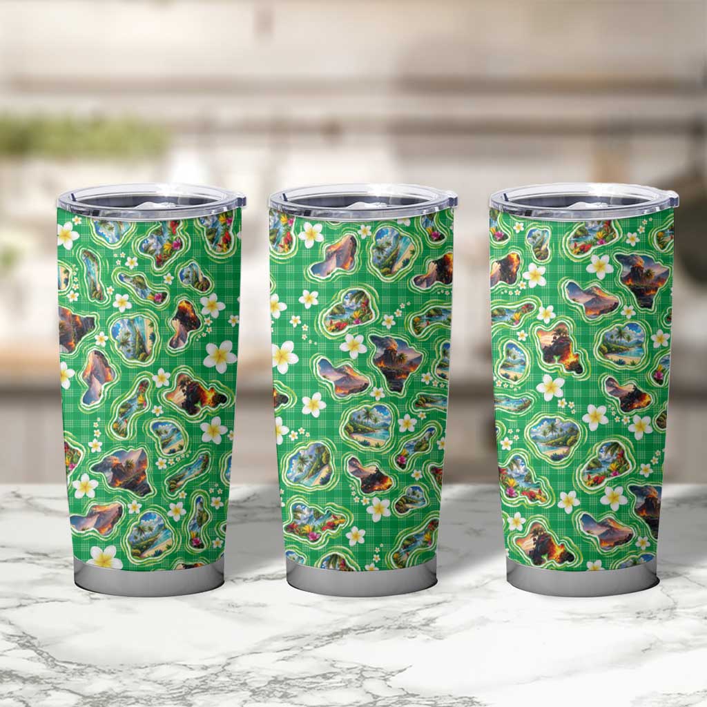 Hawaii Map with Plumeria Flower and Palaka Pattern Tumbler Cup Tropical Island Green Design
