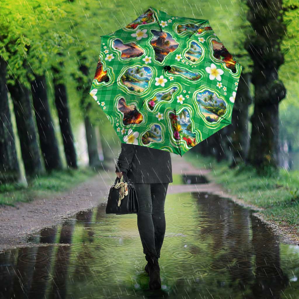 Hawaii Map with Plumeria Flower and Palaka Pattern Umbrella Tropical Island Green Design
