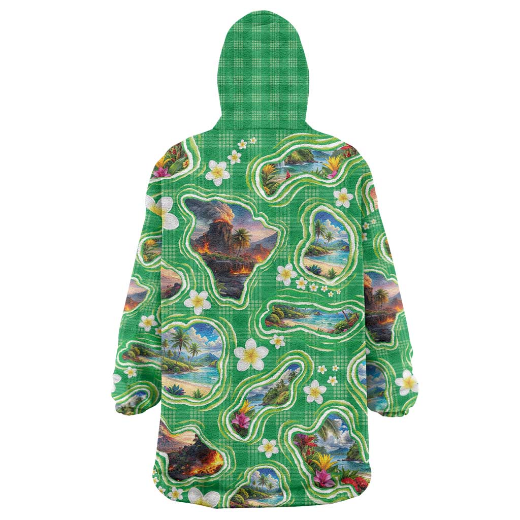 Hawaii Map with Plumeria Flower and Palaka Pattern Wearable Blanket Hoodie Tropical Island Green Design
