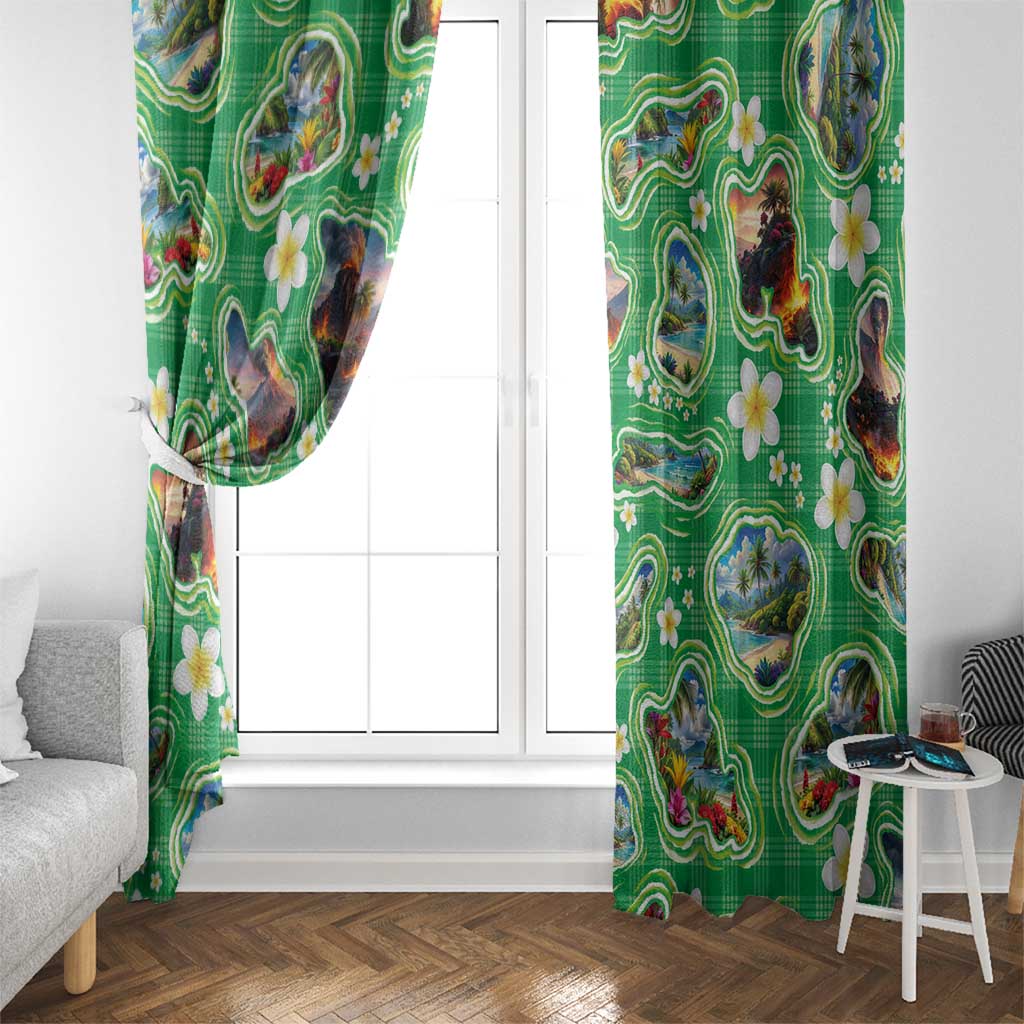 Hawaii Map with Plumeria Flower and Palaka Pattern Window Curtain Tropical Island Green Design