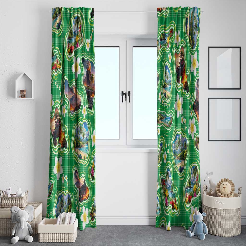 Hawaii Map with Plumeria Flower and Palaka Pattern Window Curtain Tropical Island Green Design