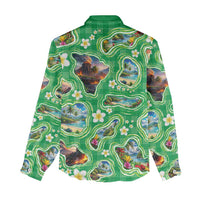 Hawaii Map with Plumeria Flower and Palaka Pattern Women Casual Shirt Tropical Island Green Design LT03 - Polynesian Pride