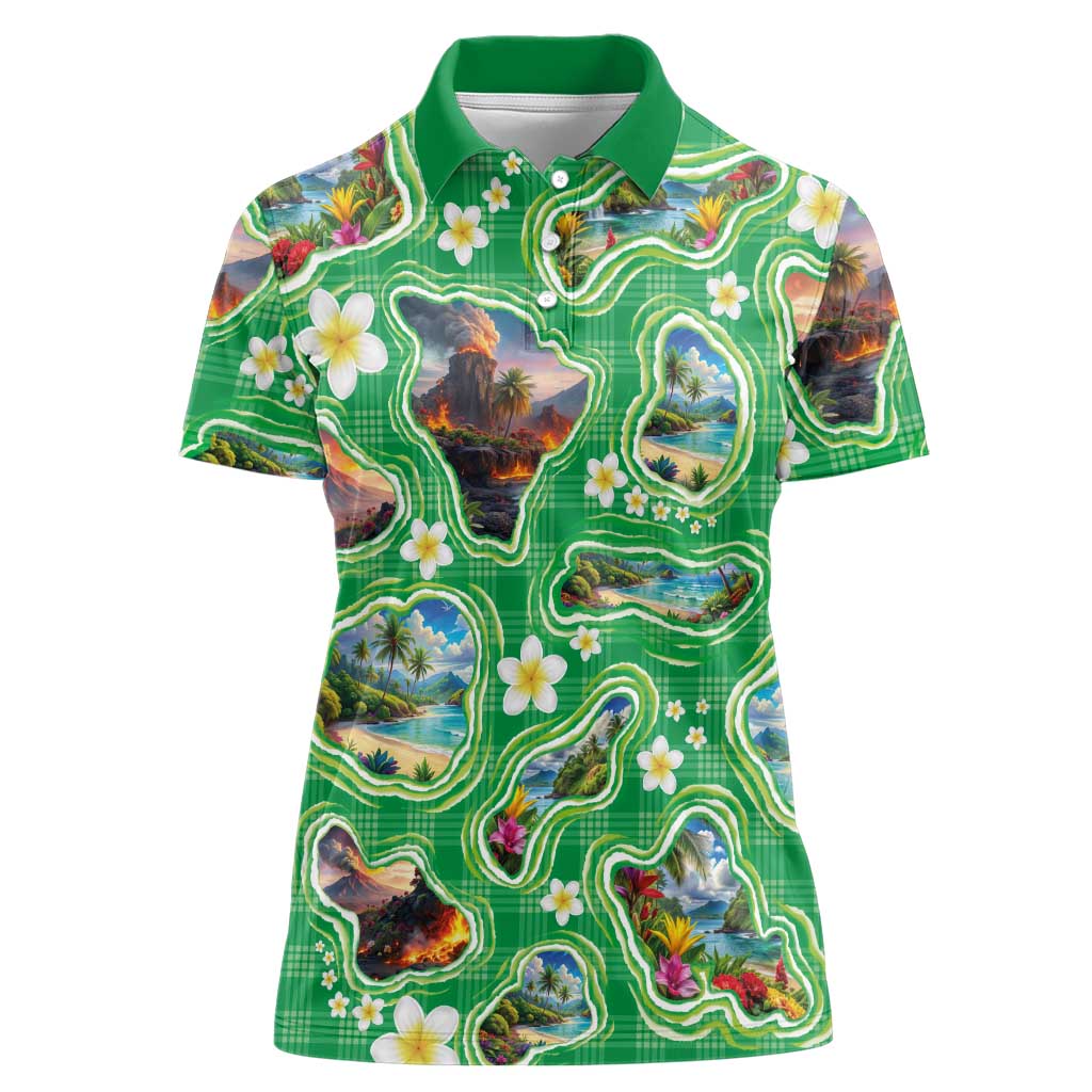 Hawaii Map with Plumeria Flower and Palaka Pattern Women Polo Shirt Tropical Island Green Design
