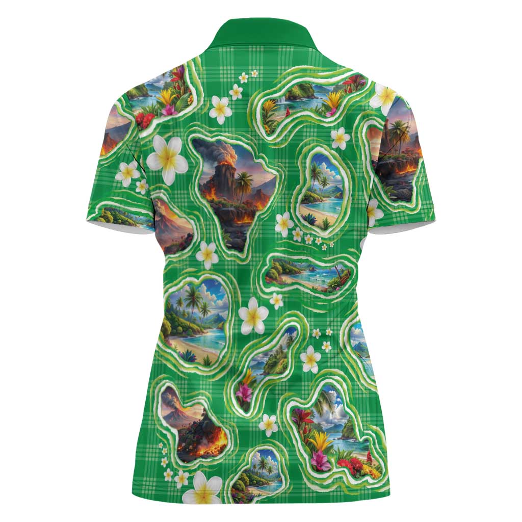 Hawaii Map with Plumeria Flower and Palaka Pattern Women Polo Shirt Tropical Island Green Design