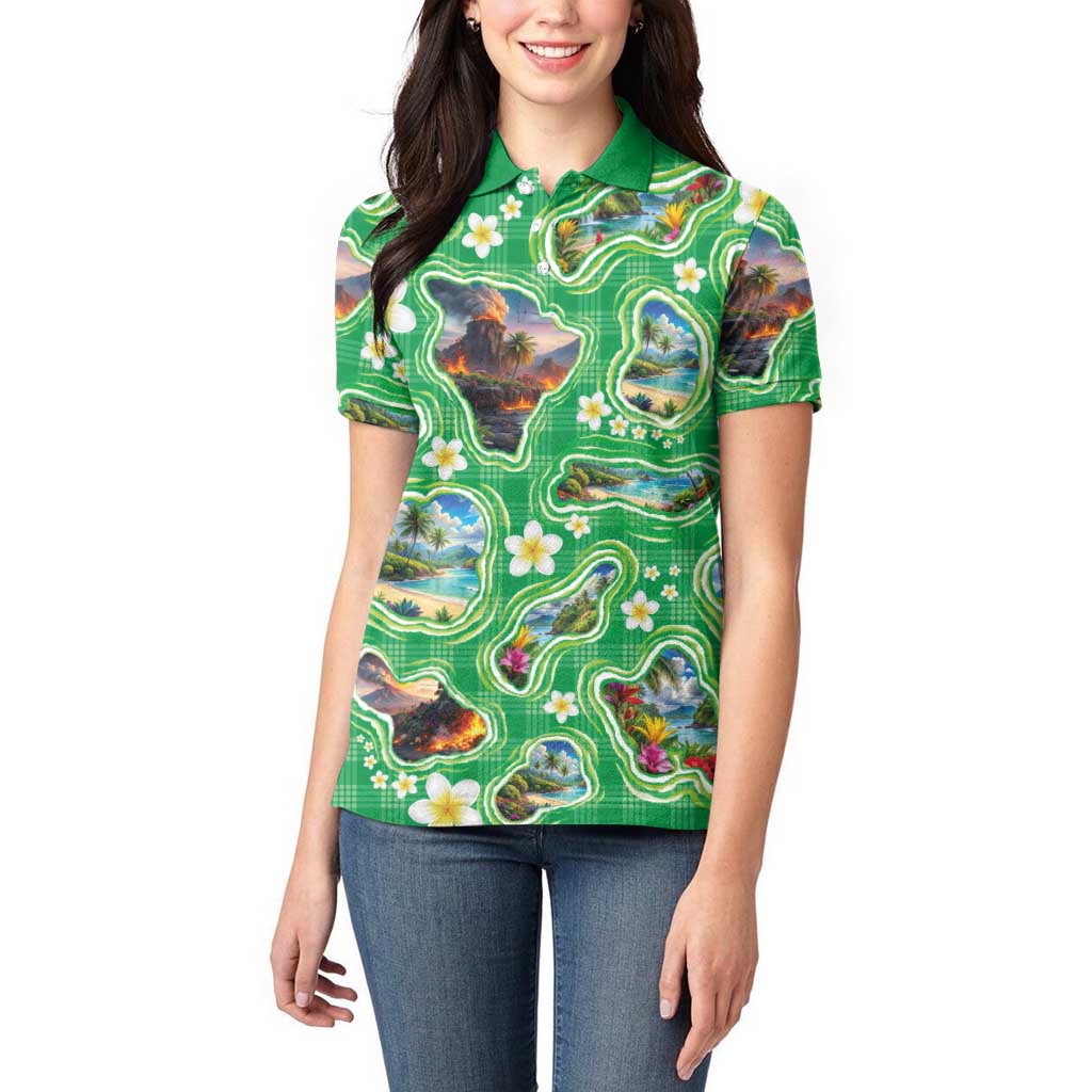 Hawaii Map with Plumeria Flower and Palaka Pattern Women Polo Shirt Tropical Island Green Design