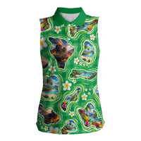 Hawaii Map with Plumeria Flower and Palaka Pattern Women Sleeveless Polo Shirt Tropical Island Green Design LT03 Female Green - Polynesian Pride