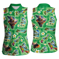 Hawaii Map with Plumeria Flower and Palaka Pattern Women Sleeveless Polo Shirt Tropical Island Green Design LT03 - Polynesian Pride