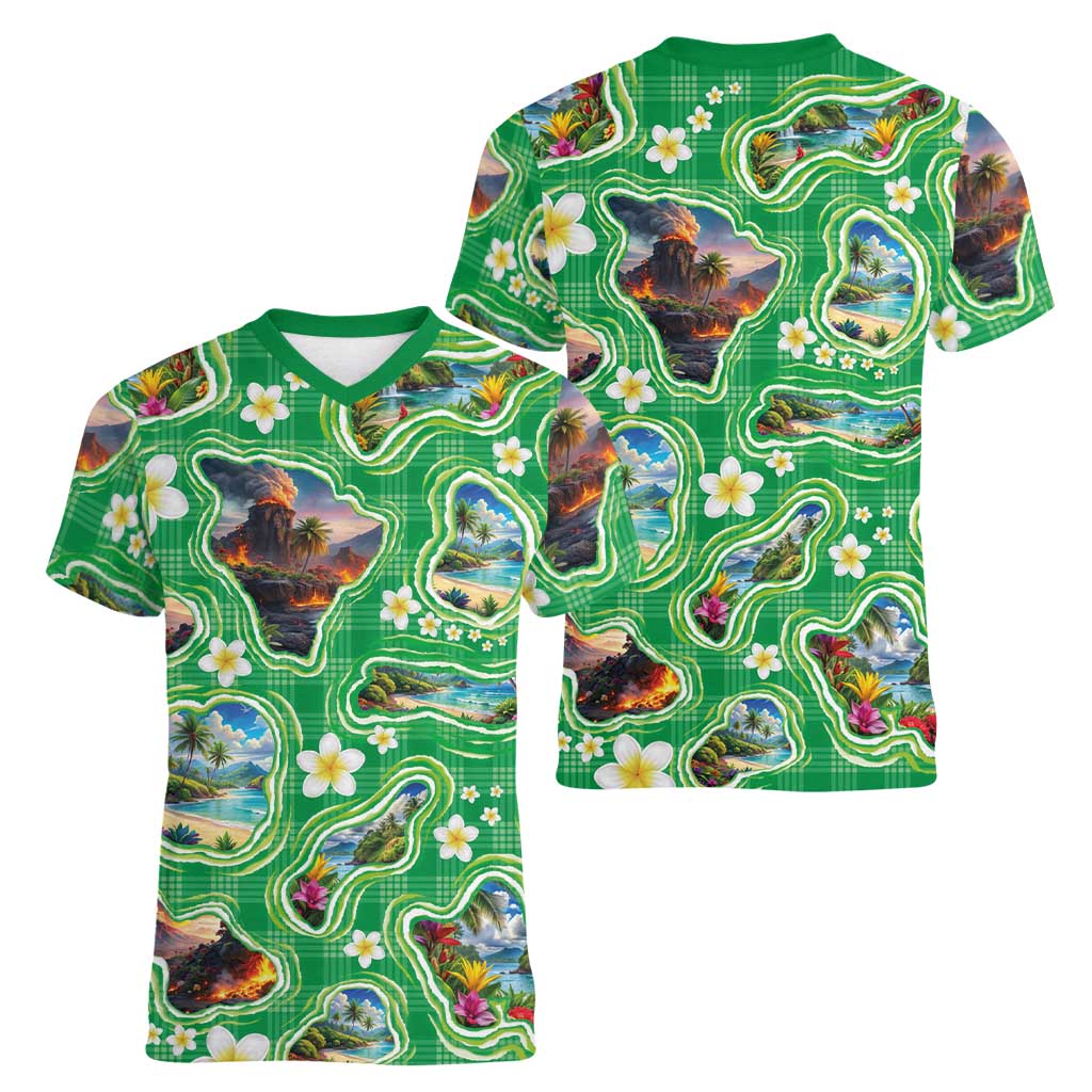 Hawaii Map with Plumeria Flower and Palaka Pattern Women V-Neck T-Shirt Tropical Island Green Design LT03 - Polynesian Pride