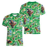 Hawaii Map with Plumeria Flower and Palaka Pattern Women V-Neck T-Shirt Tropical Island Green Design LT03 - Polynesian Pride