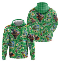 Hawaii Map with Plumeria Flower and Palaka Pattern Zip Hoodie Tropical Island Green Design