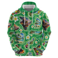Hawaii Map with Plumeria Flower and Palaka Pattern Zip Hoodie Tropical Island Green Design