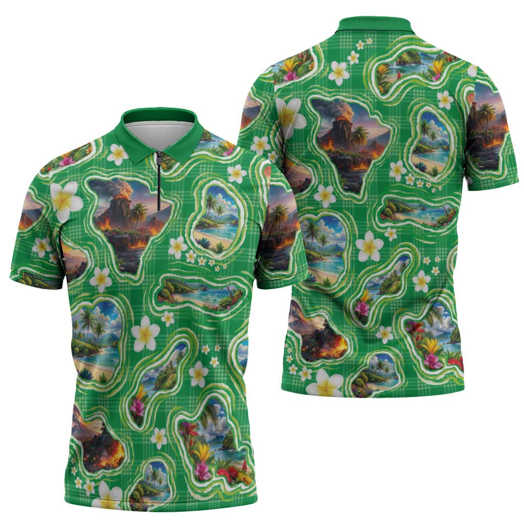 Hawaii Map with Plumeria Flower and Palaka Pattern Zipper Polo Shirt Tropical Island Green Design
