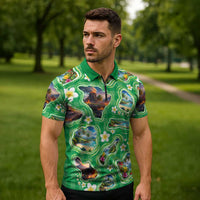 Hawaii Map with Plumeria Flower and Palaka Pattern Zipper Polo Shirt Tropical Island Green Design