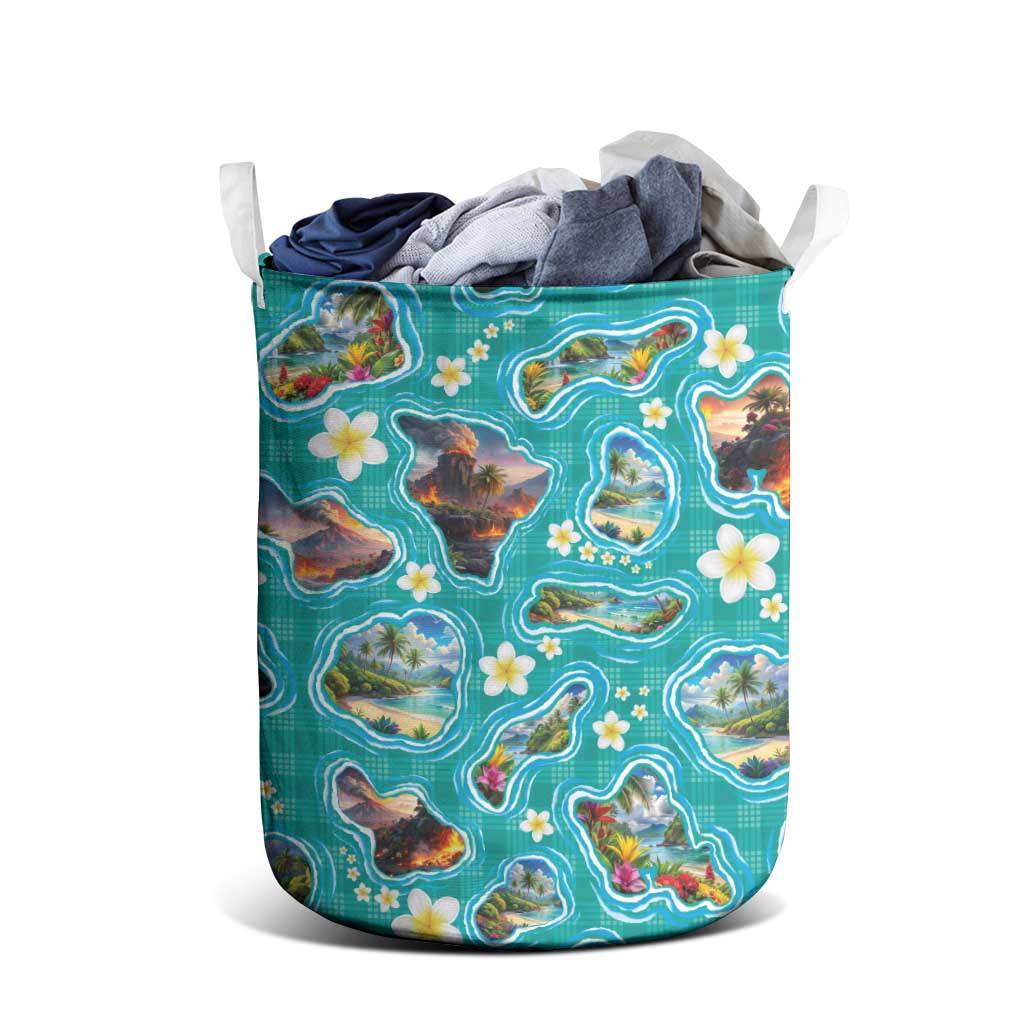Hawaii Map with Plumeria Flower and Palaka Pattern Laundry Basket Tropical Island Teal Design