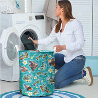 Hawaii Map with Plumeria Flower and Palaka Pattern Laundry Basket Tropical Island Teal Design