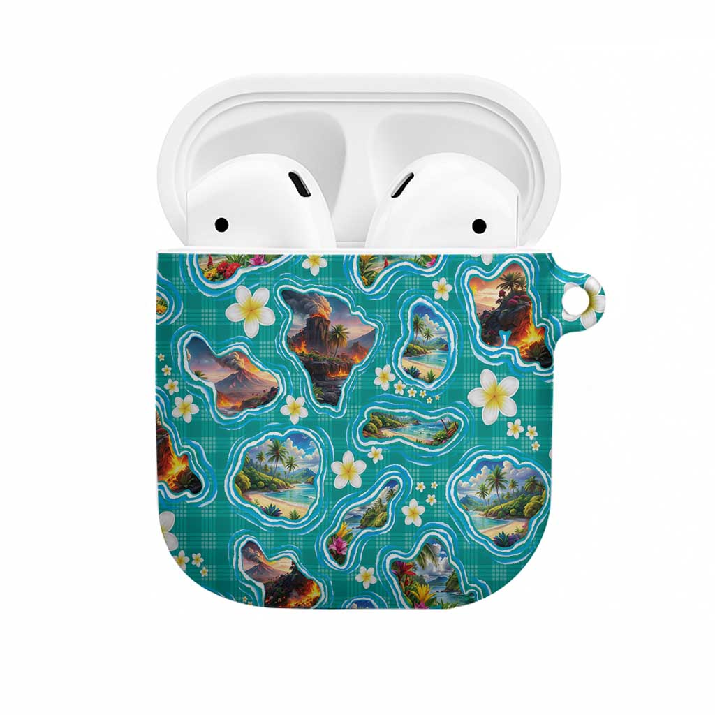 Hawaii Map with Plumeria Flower and Palaka Pattern AirPods Case Tropical Island Teal Design LT03 Teal - Polynesian Pride