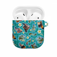 Hawaii Map with Plumeria Flower and Palaka Pattern AirPods Case Tropical Island Teal Design LT03 Teal - Polynesian Pride