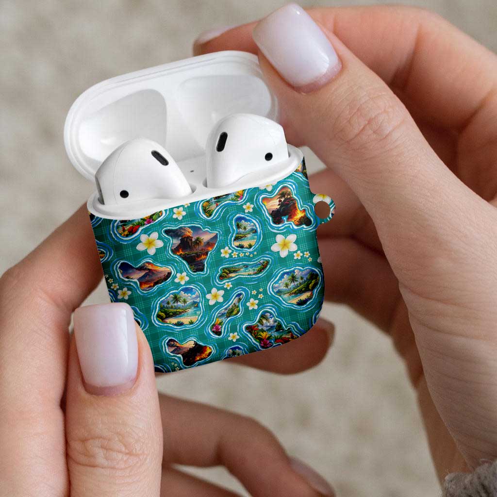 Hawaii Map with Plumeria Flower and Palaka Pattern AirPods Case Tropical Island Teal Design LT03 - Polynesian Pride