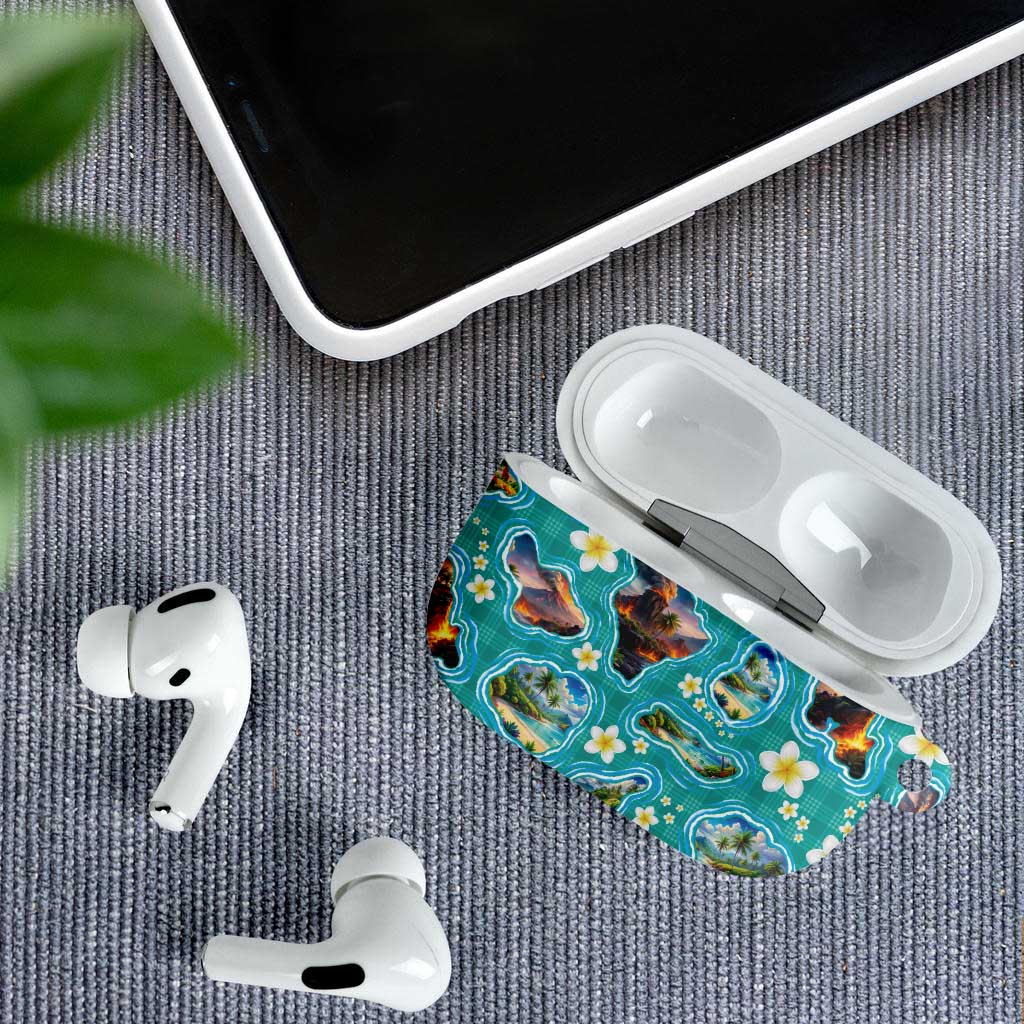 Hawaii Map with Plumeria Flower and Palaka Pattern AirPods Case Tropical Island Teal Design LT03 - Polynesian Pride