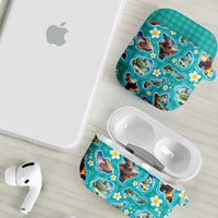 Hawaii Map with Plumeria Flower and Palaka Pattern AirPods Case Tropical Island Teal Design LT03 - Polynesian Pride