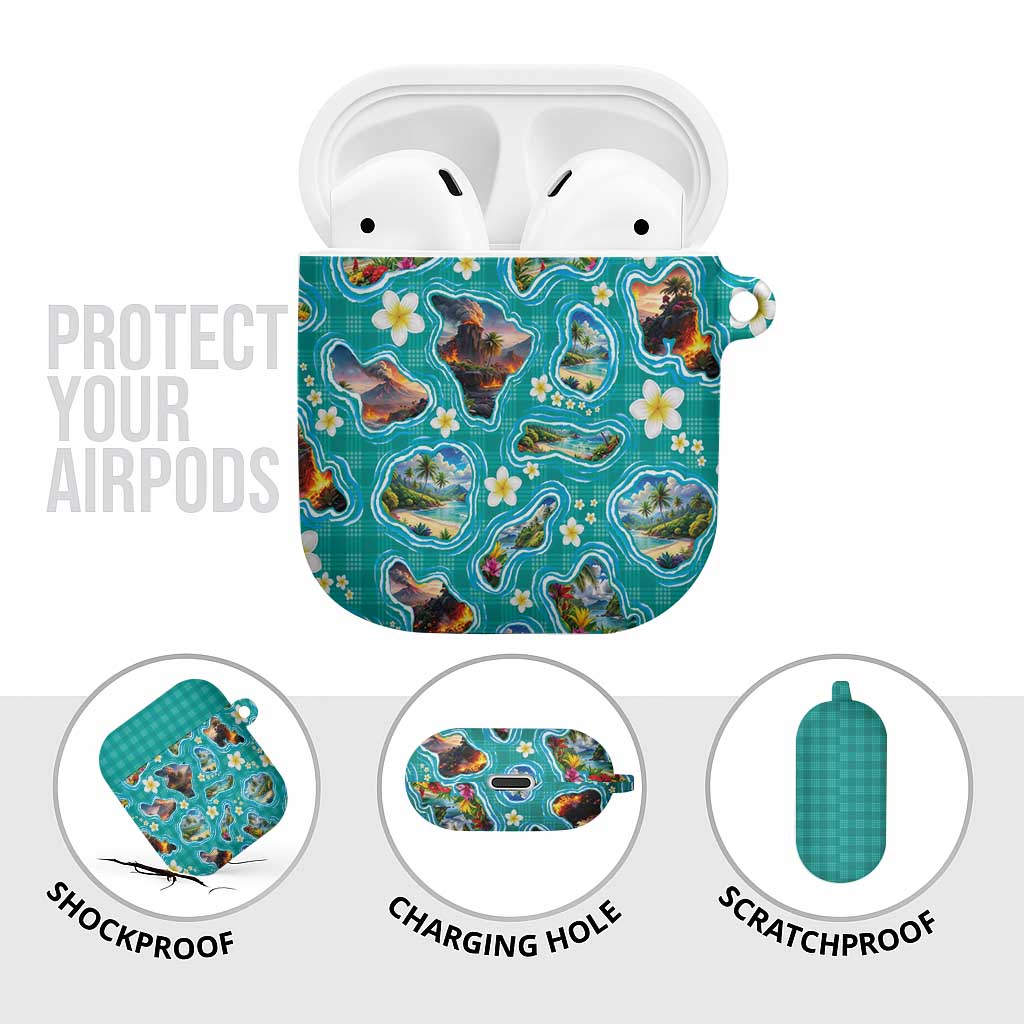 Hawaii Map with Plumeria Flower and Palaka Pattern AirPods Case Tropical Island Teal Design LT03 - Polynesian Pride
