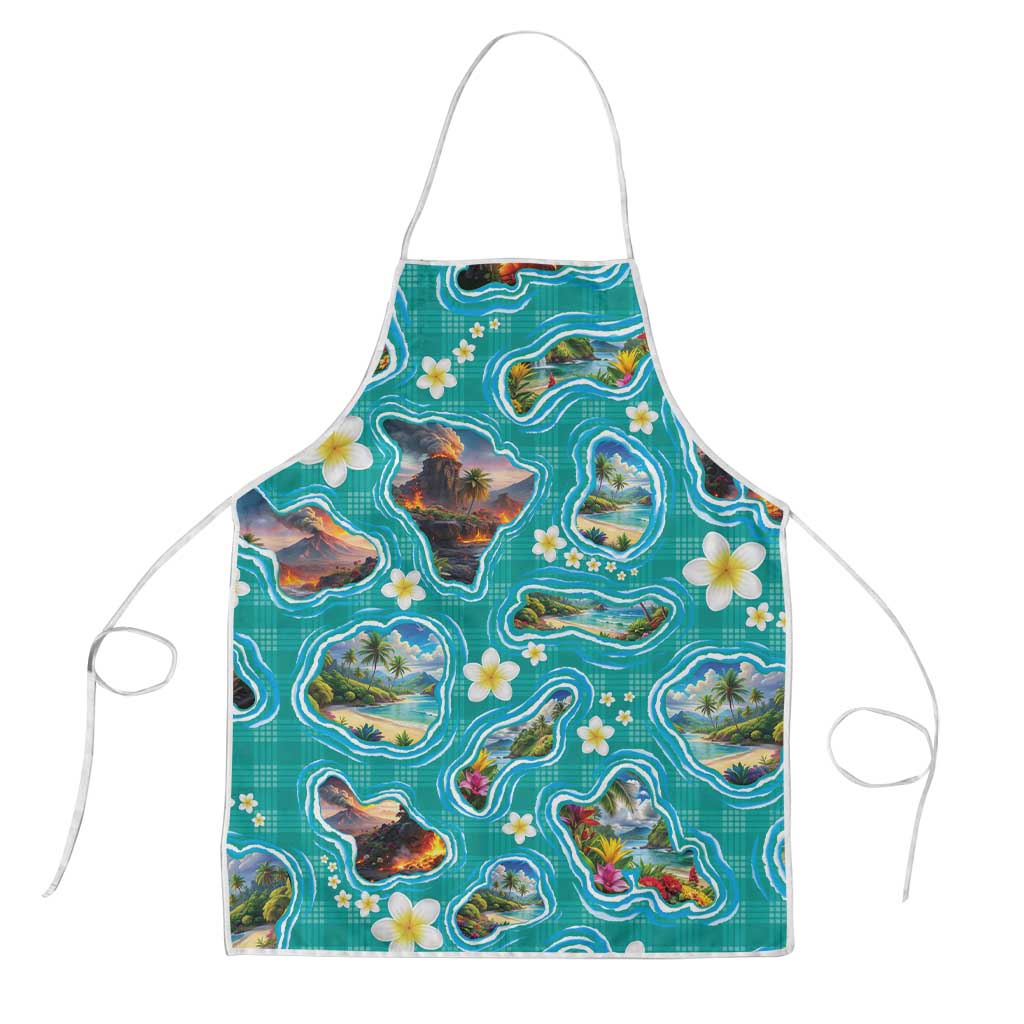 Hawaii Map with Plumeria Flower and Palaka Pattern Apron Tropical Island Teal Design
