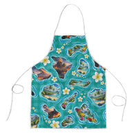 Hawaii Map with Plumeria Flower and Palaka Pattern Apron Tropical Island Teal Design