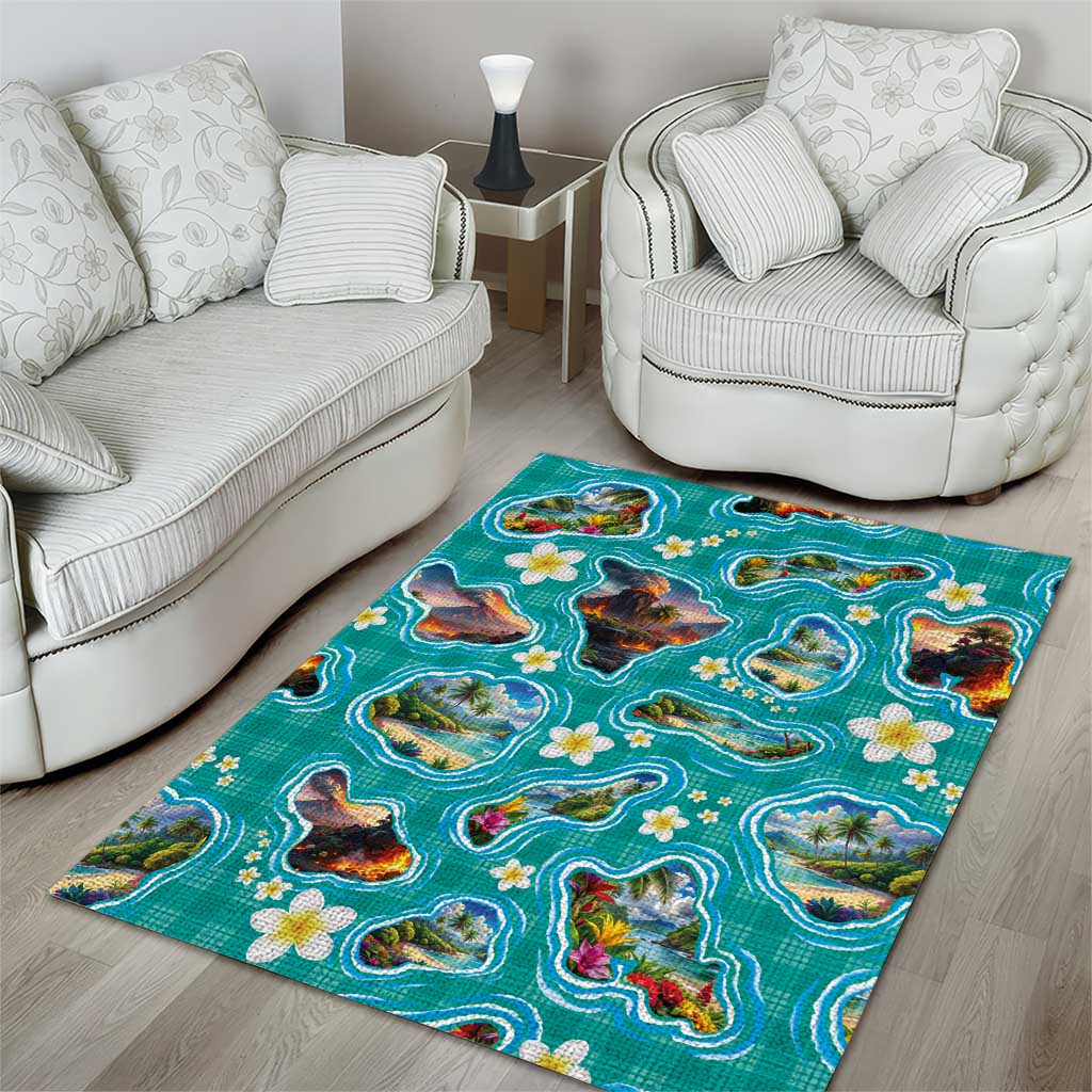 Hawaii Map with Plumeria Flower and Palaka Pattern Area Rug Tropical Island Teal Design