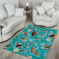 Hawaii Map with Plumeria Flower and Palaka Pattern Area Rug Tropical Island Teal Design