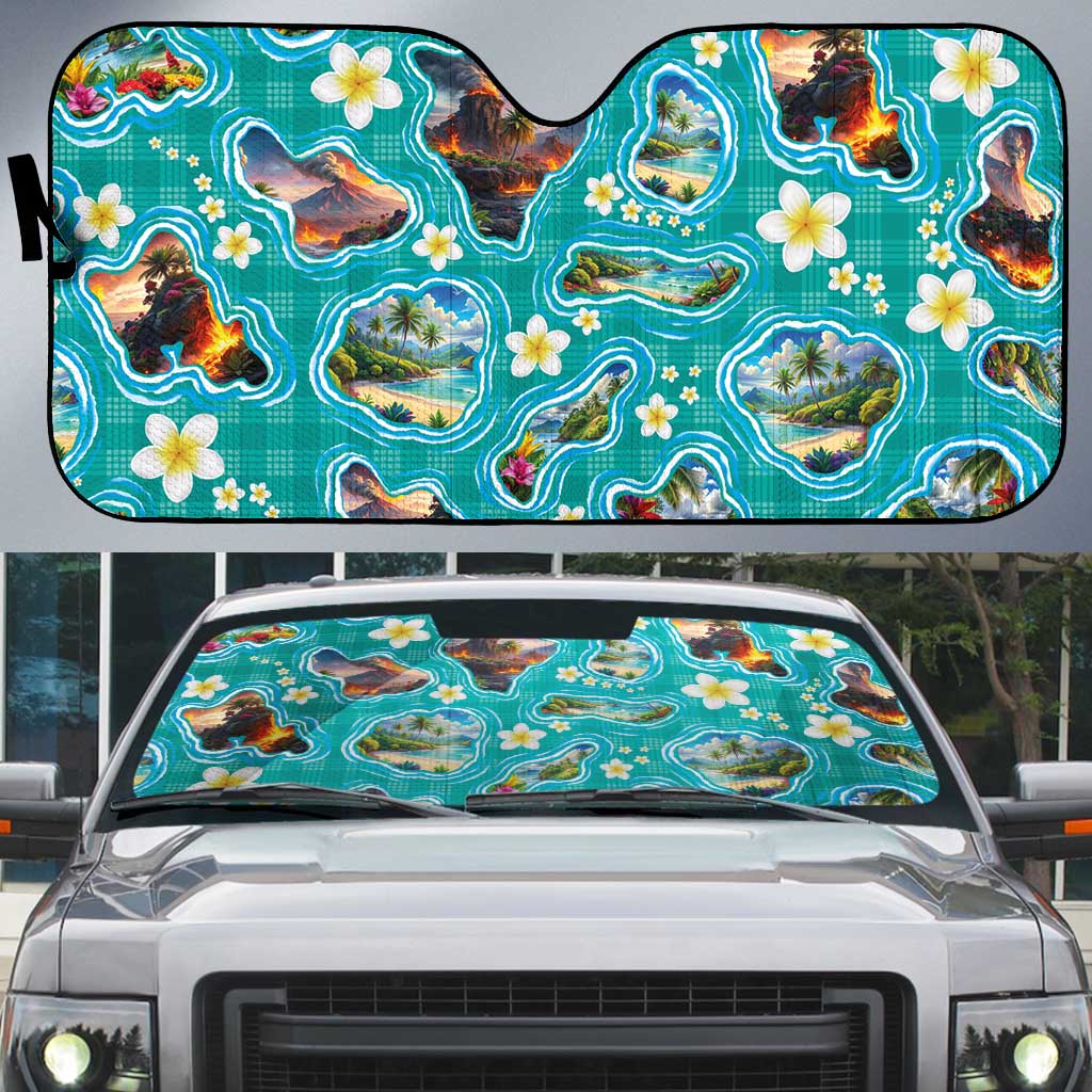 Hawaii Map with Plumeria Flower and Palaka Pattern Auto Sun Shade Tropical Island Teal Design