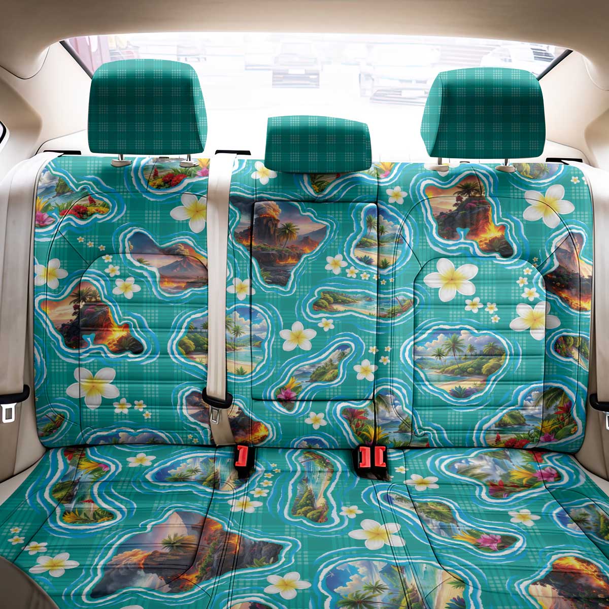 Hawaii Map with Plumeria Flower and Palaka Pattern Back Car Seat Cover Tropical Island Teal Design